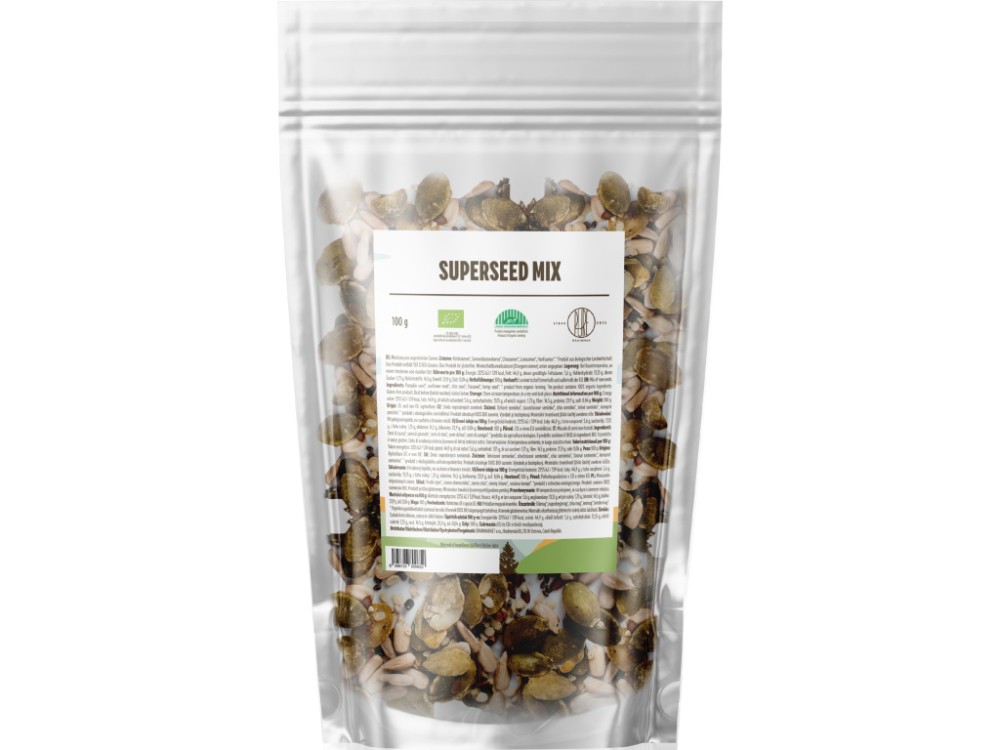 BrainMax Pure® Superseed Mix, Směs semínek, BIO, 100 g  Směs BIO dýňových, slunečnicových, chia, lněných a konopných semínek, *CZ-BIO-001 certifikát - BrainMarket.cz