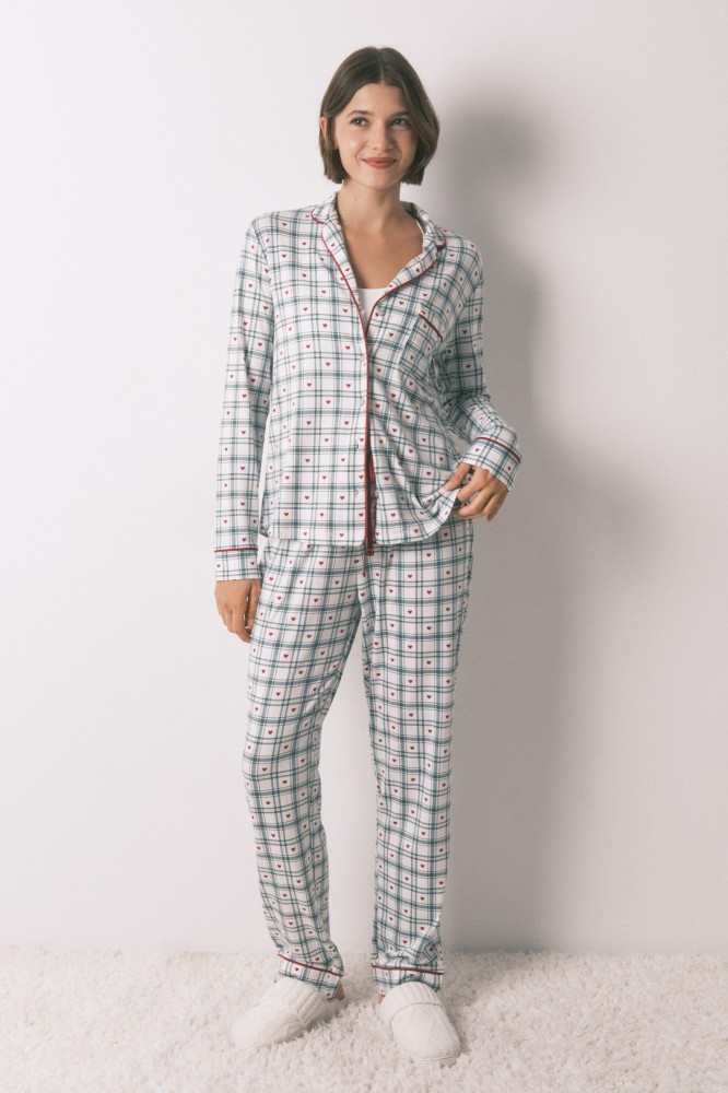 Long green checkered print classic pyjamas 