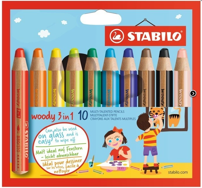 Barevné pastelky "Woody", 10ks, 3v1 – pastelka, vodovka, voskovka, STABILO