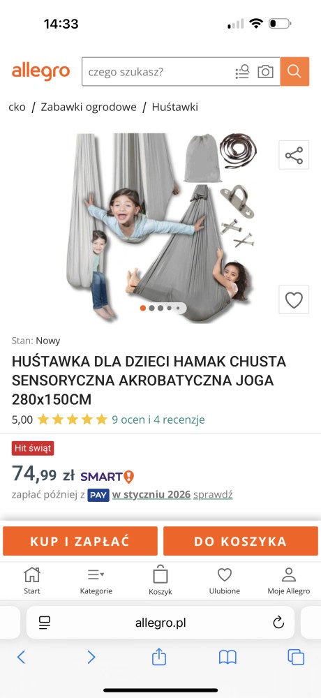 Hustawka dla dzieci hamak chusta sensoryczna akrobatyczna joga